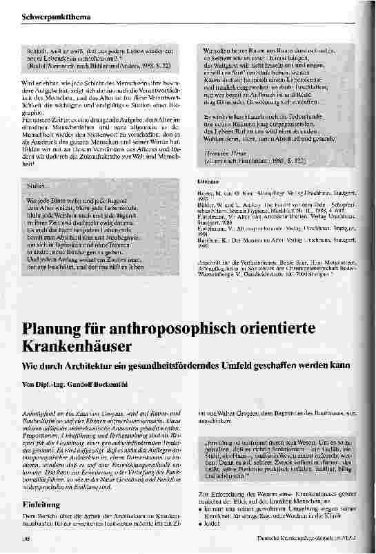 Vorschauseite 1: Planung für anthroposophisch orientierte Krankenhäuser Wie durch Architektur ein gesundheitsförderndes Umfeld geschaffen werden kann