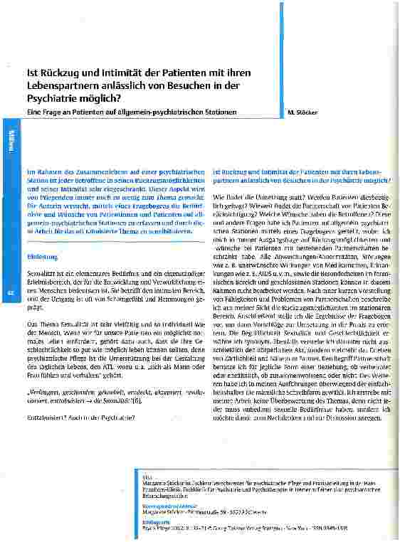 Vorschauseite 1: Ist Rückzug und Intimität der Patienten mit ihren Lebenspartnern anlässlich von Besuchen in der Psychiatrie möglich? Eine Frage an Patienten auf allgemein-psychiatrischen Stationen