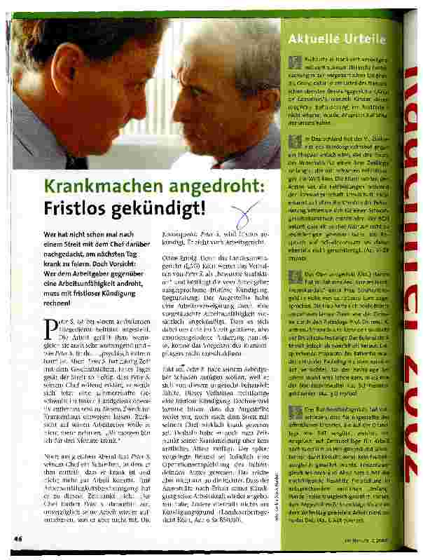 Vorschauseite 1: Krankmachen angedroht: Fristlos gekündigt!