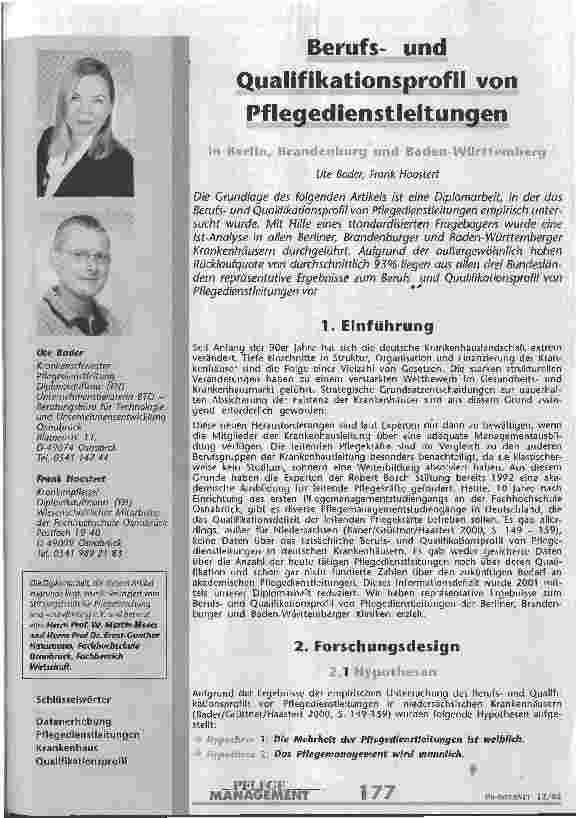 Vorschauseite 1: Berufsund Qualifikationsprofil von Pflegedienstleitungen in Berlin, Brandenburg und Baden-Württemberg