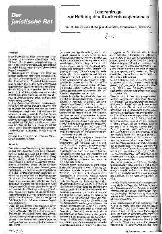 Vorschauseite 1: Leseranfrage zur Haftung des Krankenhauspersonals