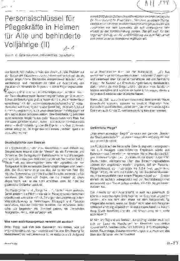 Vorschauseite 1: Personalschlüssel für Pflegekräfte in Heimen für Alte und behinderte Volljährige (II)