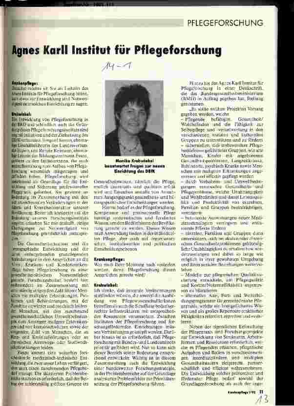 Vorschauseite 1: Agnes Karll Institut für Pflegeforschung Interview mit Monika Krohwinkel