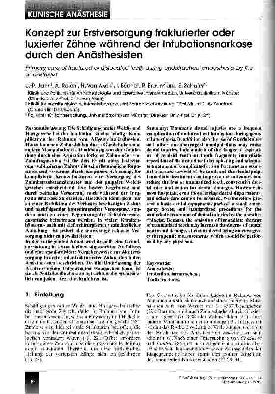 Vorschauseite 1: Konzept zur Erstversorgung frakturierter oder luxierter Zähne während der Intubationsnarkose durch den Anästhesisten