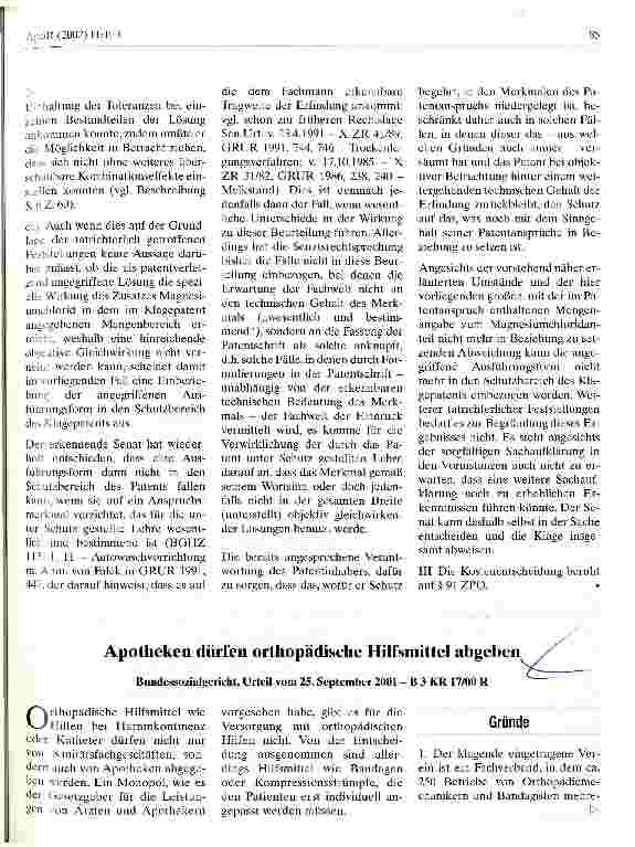 Vorschauseite 1: Apotheken dürfen orthopädische Hilfsmittel abgeben Bundessozialgericht, Urteil vom 25. September 2001