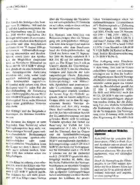 Vorschauseite 3: Apotheken dürfen orthopädische Hilfsmittel abgeben Bundessozialgericht, Urteil vom 25. September 2001