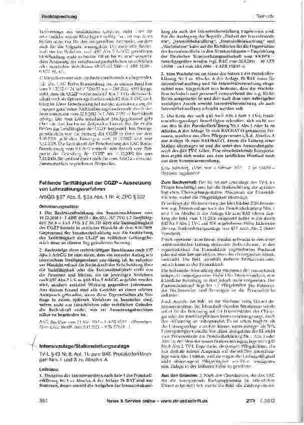 Vorschauseite 1: Intensivzulage/Stationsleitungszulage TV-L §43 Nr. 8; Anl. 1b zum BAT, Protokollerklärungen Nrn. 1 und 3 zu Abschn. A