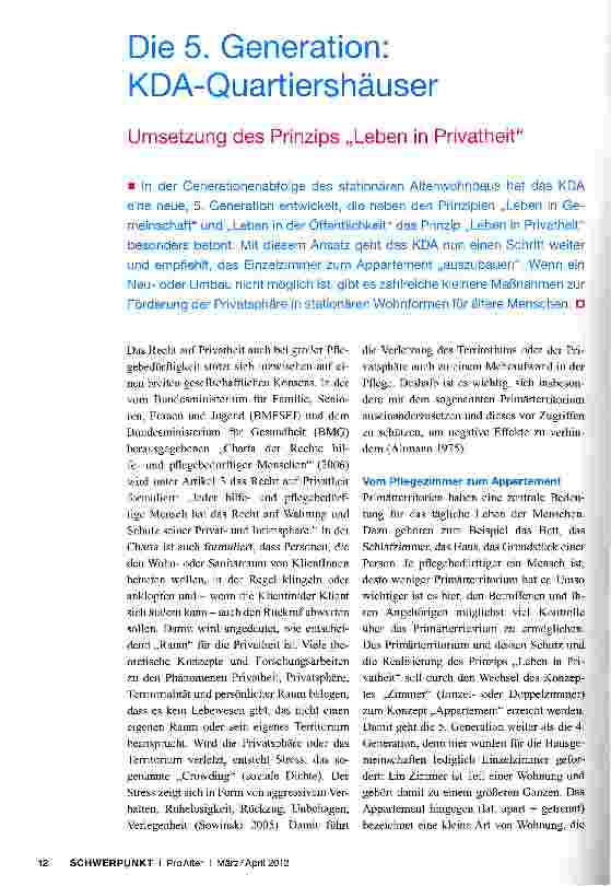 Vorschauseite 1: Die 5. Generation: KDA-Quartiershäuser Umsetzung des Prinzips „Leben in Privatheit