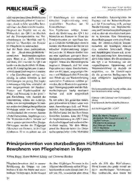Vorschauseite 1: Primärprävention von sturzbedingten Hüftfrakturen bei Bewohnern von Pflegeheimen in Bayern