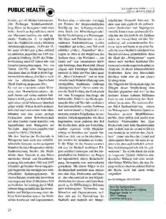Vorschauseite 2: Eine Hochschule als Impulsgeber sozialer Stadtteilentwicklung? Die EH Freiburg und der Freiburger Stadtteil Weingarten