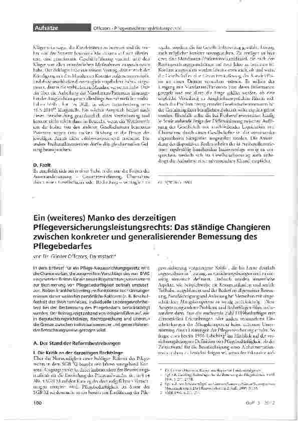 Vorschauseite 1: Ein (weiteres) Manko des derzeitigen Pflegeversicherungsleistungsrechts: Das ständige Changieren zwischen konkreter und generalisierender Bemessung des Pflegebedarfes