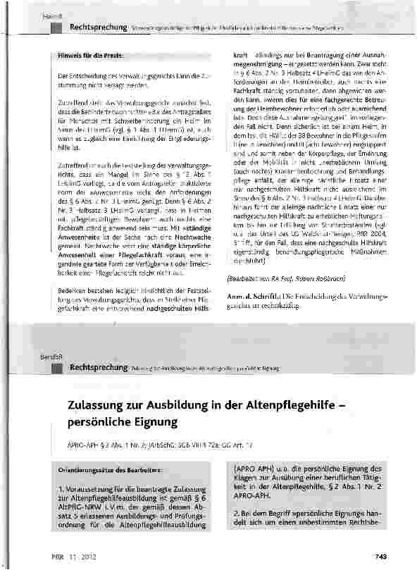 Vorschauseite 1: Zulassung zur Ausbildung in der Altenpflegehilfe persönliche Eignung