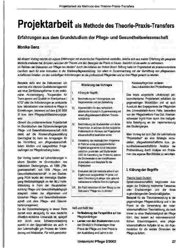 Vorschauseite 1: Projektarbeit als Methode des Theorie-Praxis-TransfersErfahrungen aus dem Grundstudium der Pflegeund Gesundheitswissenschaft