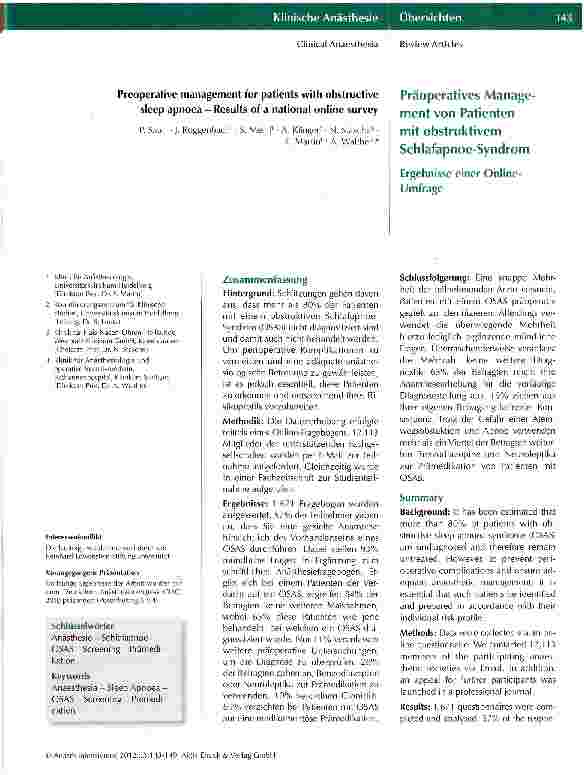 Vorschauseite 1: Präoperatives Management von Patienten mit obstruktivem Schlafapnoe-Syndrom