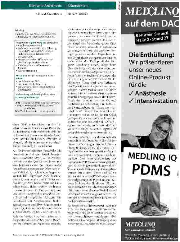 Vorschauseite 5: Präoperatives Management von Patienten mit obstruktivem Schlafapnoe-Syndrom