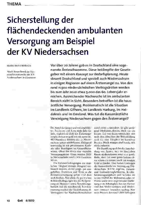 Vorschauseite 1: Sicherstellung der flächendeckenden ambulanten Versorgung am Beispiel der KV Niedersachsen