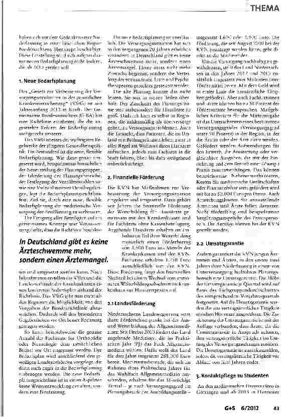 Vorschauseite 2: Sicherstellung der flächendeckenden ambulanten Versorgung am Beispiel der KV Niedersachsen