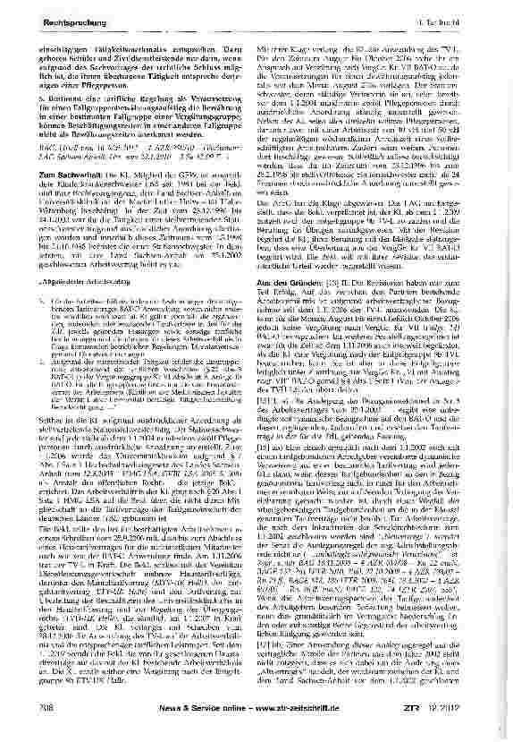 Vorschauseite 2: Auslegung einer Bezugnahmeklausel - Inbe-zugnahme eines Haustarifvertrages - Eingruppierung einer stellvertretenden Stationsschwester - Unterstellung von Pflegepersonen - Fallgrup…