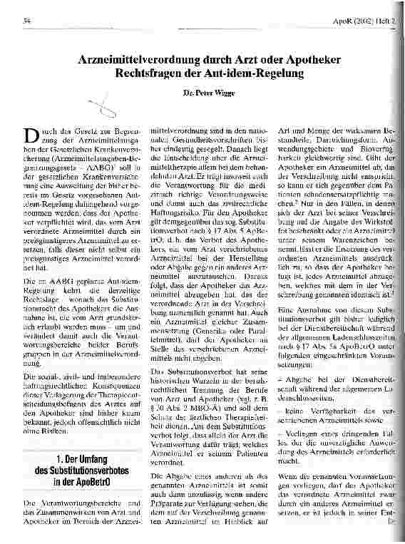 Vorschauseite 1: Arzneimittelverordnung durch Arzt oder Apotheker Rechtsfragen der Aut-idem-Regelung