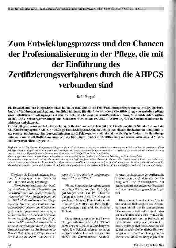 Vorschauseite 1: Zum Entwicklungsprozess und den Chancen der Professionalisierung in der Pflege, die mit der Einführung des Zertifizierungsverfahrens durch die AHPGS verbunden sind