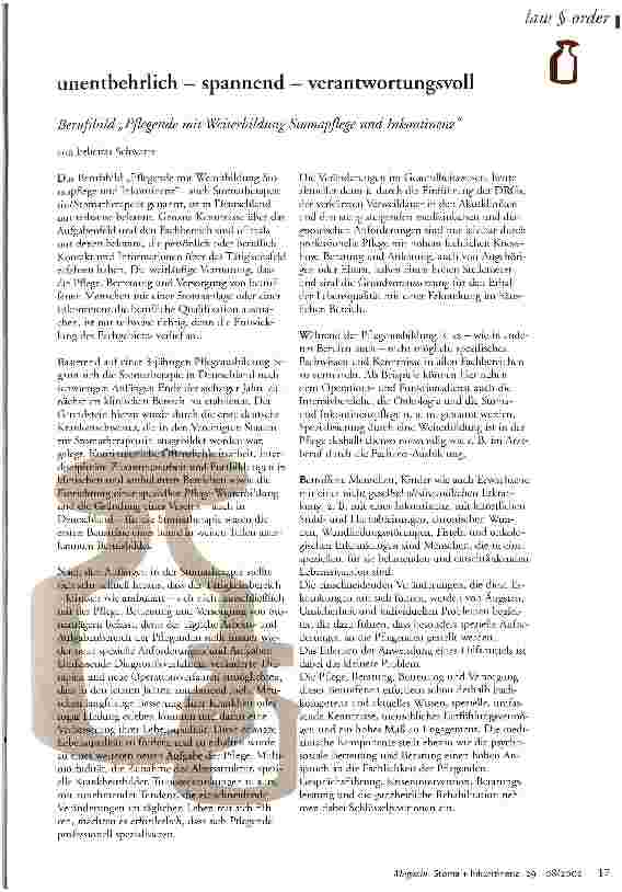 Vorschauseite 1: unentbehrlich - spannend - verantwortungsvoll Berufsbild Pflegende mit Weiterbildung Stomapflege und Inkontinenz