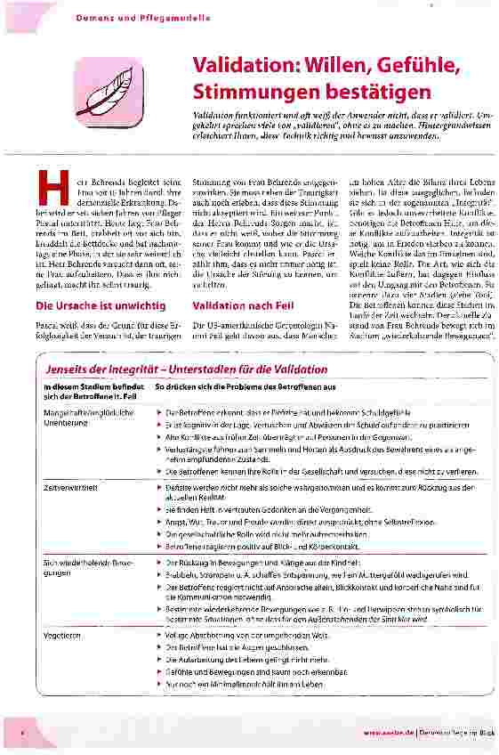 Vorschauseite 1: Demenz und Pflegemodelle Validation: Willen, Gefühle, Stimmungen bestätigen
