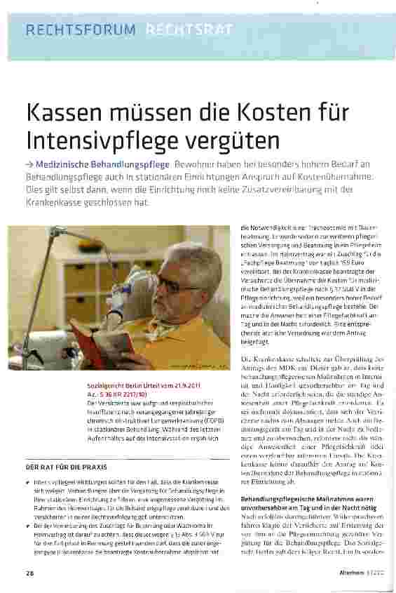 Vorschauseite 1: Kassen müssen die Kosten für Intensivpflege vergüten