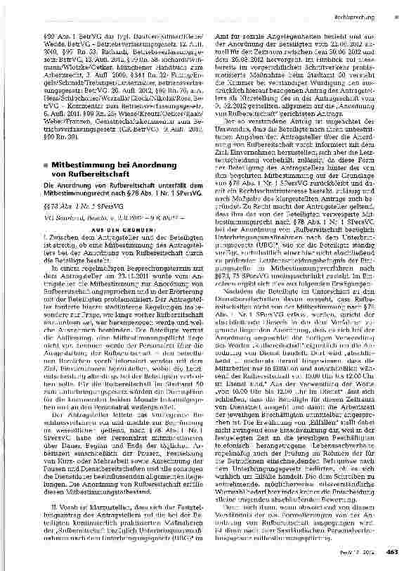 Vorschauseite 1: Mitbestimmung bei Anordnung von Rufbereitschaft Die Anordnung von Rufbereitschaft unterfällt dem Mitbestimmungsrecht nach §78 Abs. 1 Nr. 1 SPersVG. §§78 Abs. 1 Nr. 1 SPeisVG