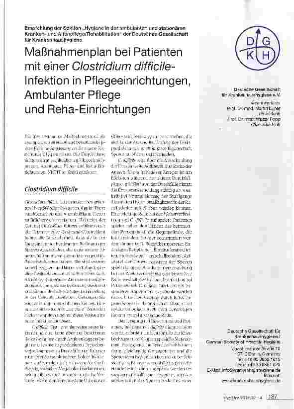 Vorschauseite 1: Maßnahmenplan bei Patienten mit einer Clostridium difficile-Infektion in Pflegeeinrichtungen, Ambulanter Pflege und Reha-Einrichtungen