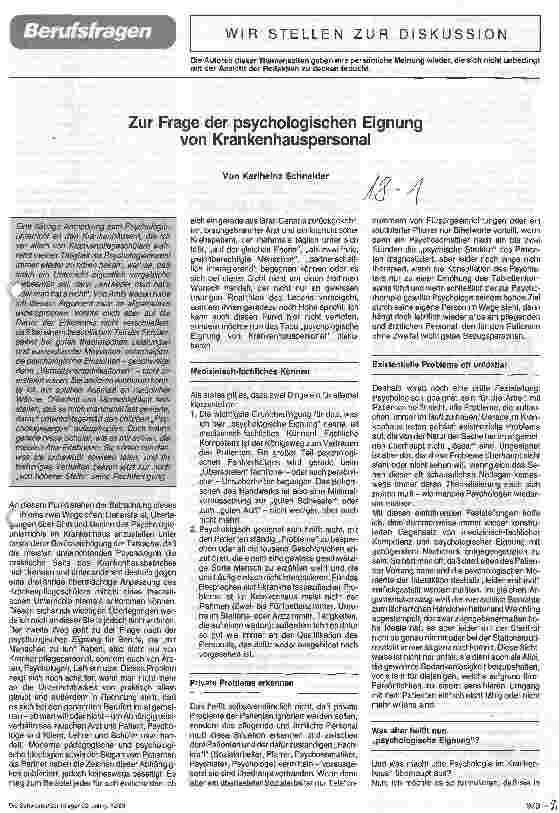 Vorschauseite 1: Zur Frage der psychologischen Eignung von Krankenhauspersonal