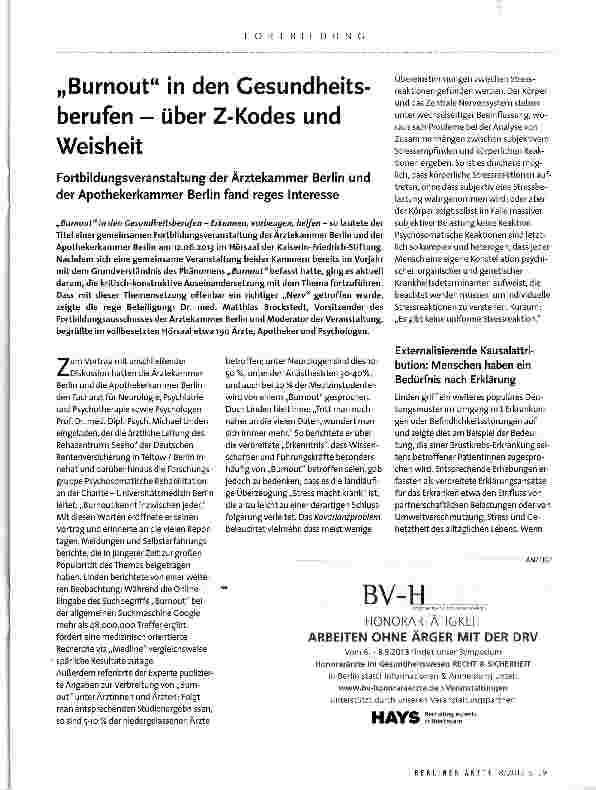 Vorschauseite 1: „Burnout in den Gesundheitsberufen - über Z-Kodes und Weisheit