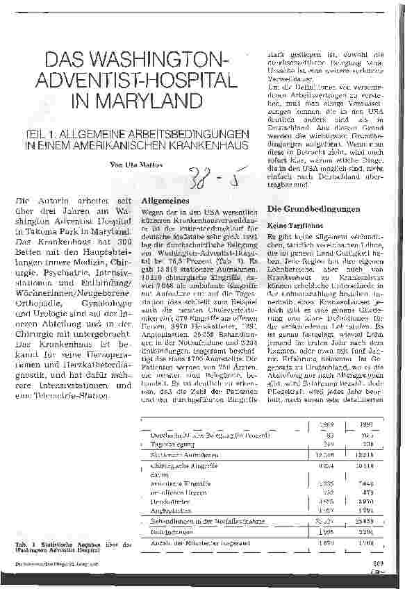 Vorschauseite 1: Das Washington-Adventist-Hospital in Maryland Teil 1: Allg. Arbeitsbedingungen in einem amerikanischen Krankenhaus