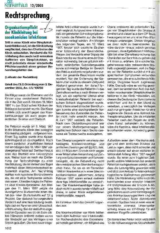 Vorschauseite 1: Organisationspflicht der Klinikleitung bei nosokomialen Infektionen Urteil des OLG Oldenburg vom 3. Dezember 2003