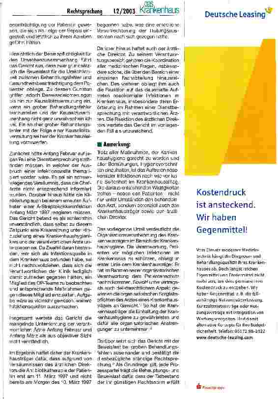 Vorschauseite 2: Organisationspflicht der Klinikleitung bei nosokomialen Infektionen Urteil des OLG Oldenburg vom 3. Dezember 2003