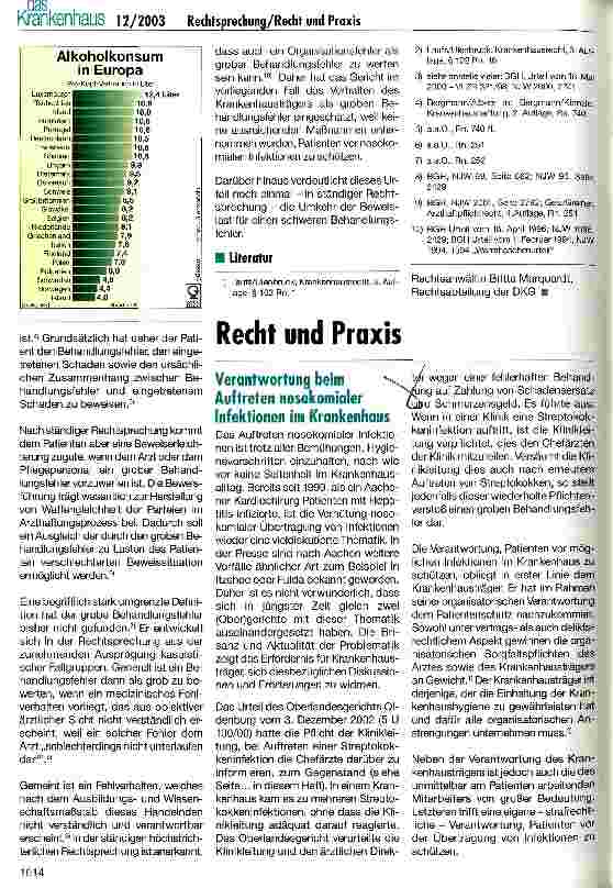 Vorschauseite 3: Organisationspflicht der Klinikleitung bei nosokomialen Infektionen Urteil des OLG Oldenburg vom 3. Dezember 2003