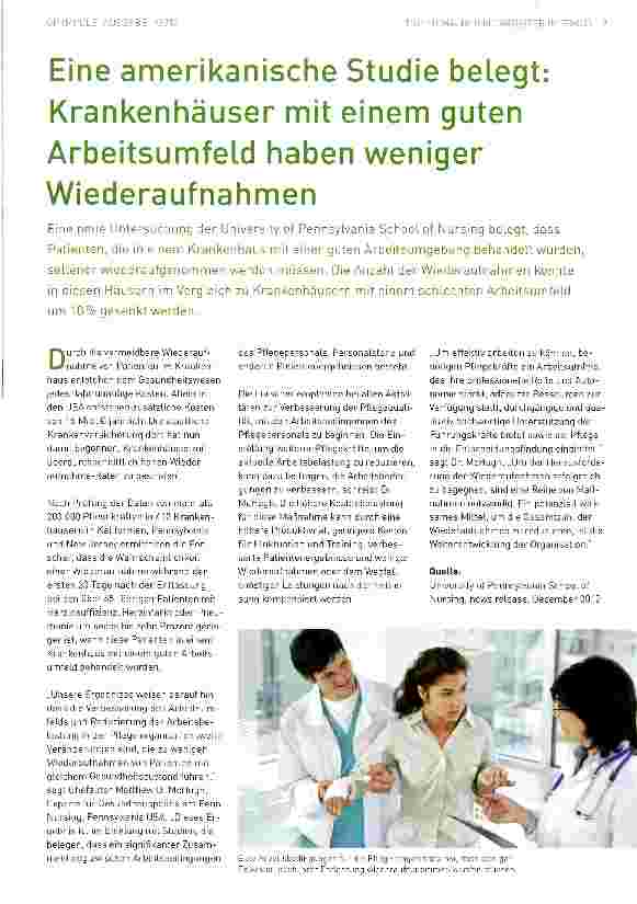 Vorschauseite 1: Eine amerikanische Studie belegt: Krankenhäuser mit einem guten Arbeitsumfeld haben weniger Wiederaufnahmen