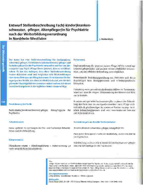 Vorschauseite 1: Entwurf Stellenbeschreibung Fach(-kinder)krankenschwester, -pfleger, Altenpfleger/in für Psychiatrie nach der Weiterbildungsverordnung in Nordrhein-Westfalen