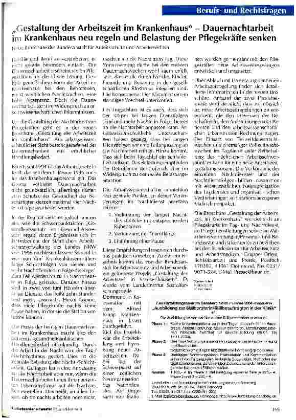 Vorschauseite 1: Gestaltung der Arbeitszeit im Krankenhaus - Dauernachtarbeit im Krankenhaus neu regeln und Belastung der Pflegekräfte senken