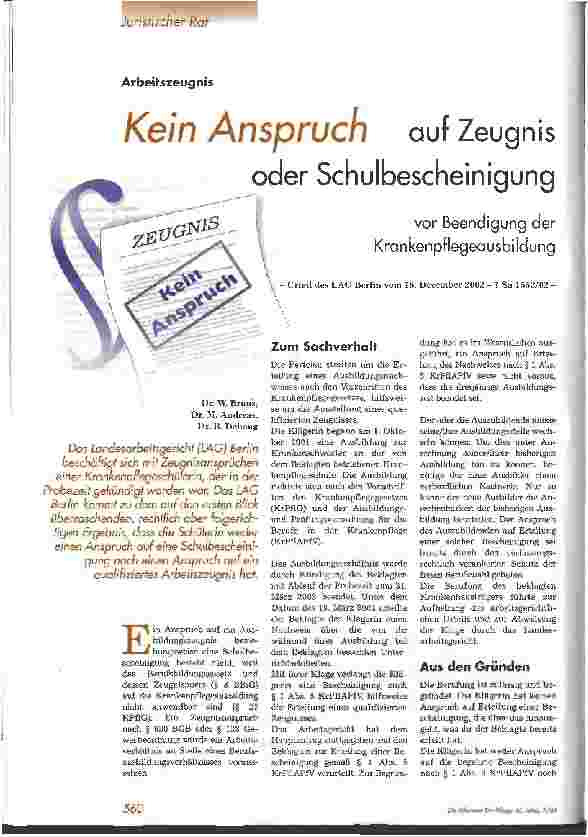 Vorschauseite 1: Kein Anspruch auf Zeugnis oder Schulbescheinigung vor Beendigung der Krankenpflegeausbildung