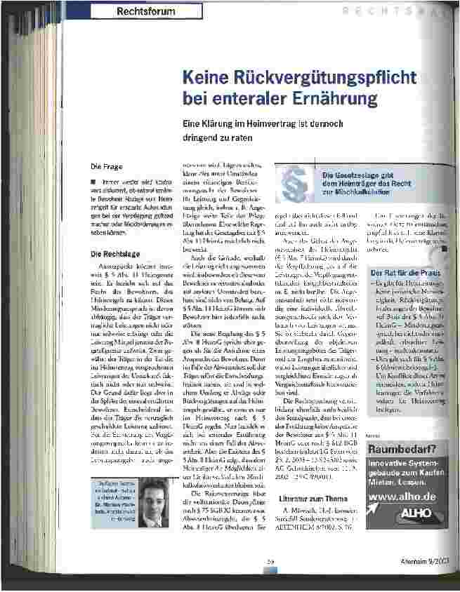 Vorschauseite 1: Keine Rückvergütungspflicht bei enteraler Ernährung
