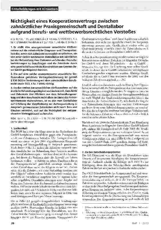 Vorschauseite 1: Nichtigkeit eines Kooperationsvertrags zwischen zahnärztlicher Praxisgemeinschaft und Dentallabor aufgrund berufsund wettbewerbsrechtlichen Verstoßes BGB §§134, 139, 242; MBO-ZÄ a…