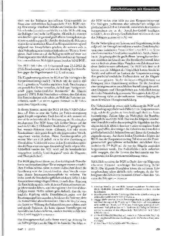 Vorschauseite 2: Nichtigkeit eines Kooperationsvertrags zwischen zahnärztlicher Praxisgemeinschaft und Dentallabor aufgrund berufsund wettbewerbsrechtlichen Verstoßes BGB §§134, 139, 242; MBO-ZÄ a…