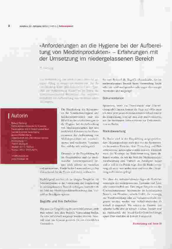 Vorschauseite 1: »Anforderungen an die Hygiene bei der Aufbereitung von Medizinprodukten« Erfahrungen mit der Umsetzung im niedergelassenen Bereich