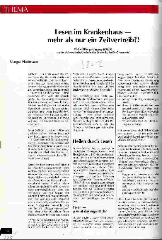Vorschauseite 1: Lesen im Krankenhaus - mehr als nur ein Zeitvertreib? ! Weiterbildungslehrgang 1990/92 Schwesternhochschule der Diakonie, Berlin