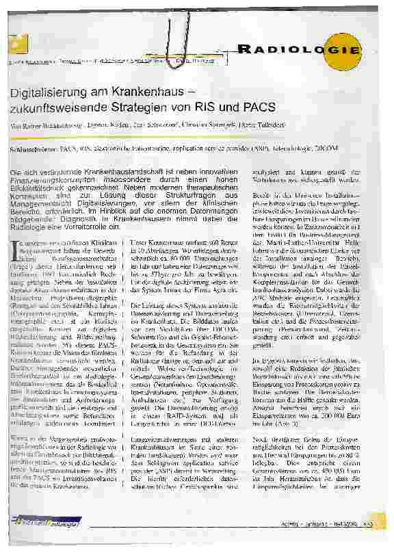 Vorschauseite 1: Digitalisierung am Krankenhaus -zukunftsweisende Strategien von RIS und PACS