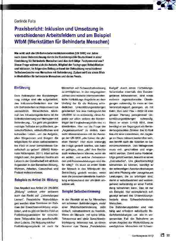 Vorschauseite 1: Praxisbericht: Inklusion und Umsetzung in verschiedenen Arbeitsfeldern und am Beispiel WfbM (Werkstätten für Behinderte Menschen)