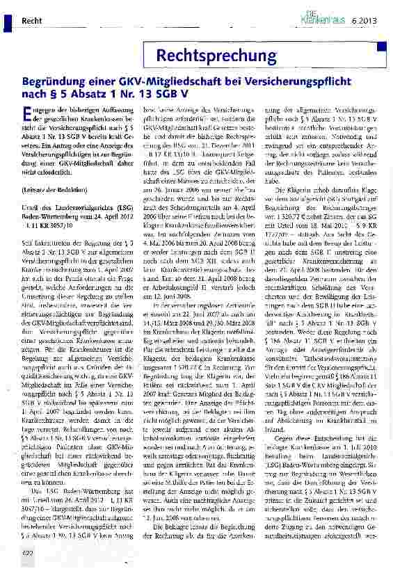 Vorschauseite 1: Begründung einer GKV-Mitgliedschaft bei Versicherungspflicht nach § 5 Absatz 1 Nr. 13 SGB V