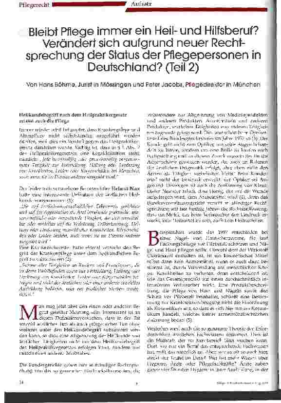 Vorschauseite 1: Bleibt Pflege immer ein Heilund Hilfsberuf? Verändert sich aufgrund neuer Rechtsprechung der Status der Pflegepersonen in Deutschland? (Teil 2)