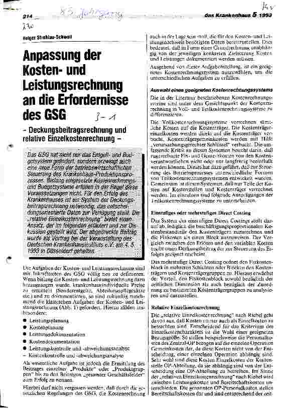 Vorschauseite 1: Anpassung der Kostenund Leistungsrechnung an die Erfordernisse des Gesundheitsstrukturgesetzes, Deckungsbeitragsrechnung und relative Einzelkostenrechnung