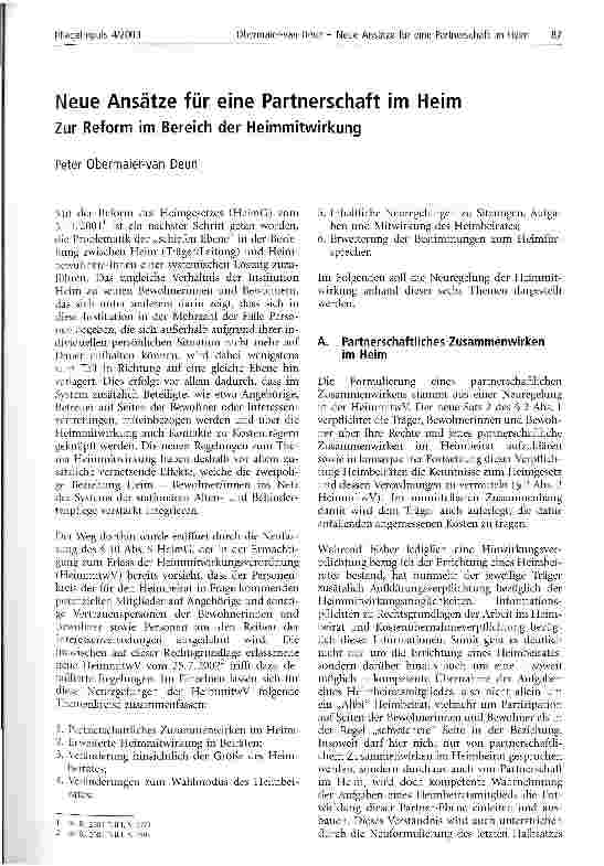 Vorschauseite 1: Neue Ansätze für eine Partnerschaft im Heim Zur Reform im Bereich der Heimmitwirkung